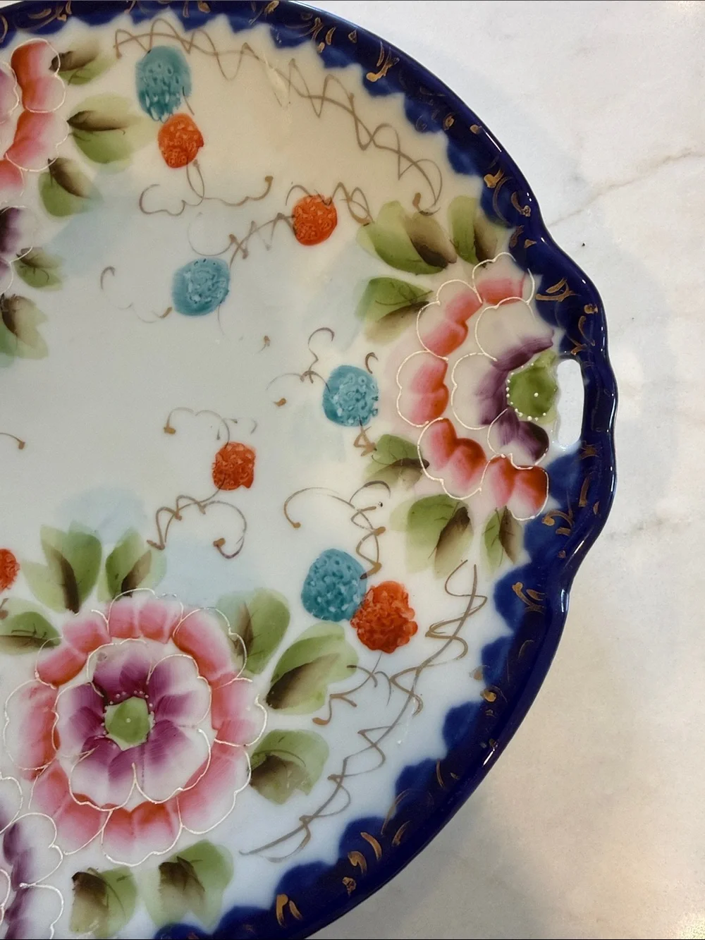 Decorative Floral Porcelain Serving Plate - Blue Edge, Pink Flower